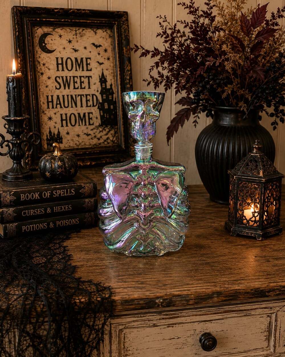 New Peal Glass Skeleton Rib Cage Decanter Bottle W/ Head Shot Glass Halloween